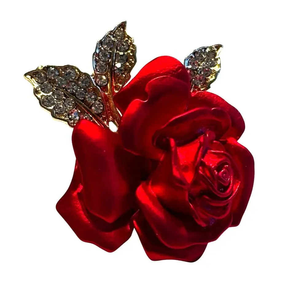 Deep Red Rosebud brooch stacked dimensional frosted textured on goldtone setting